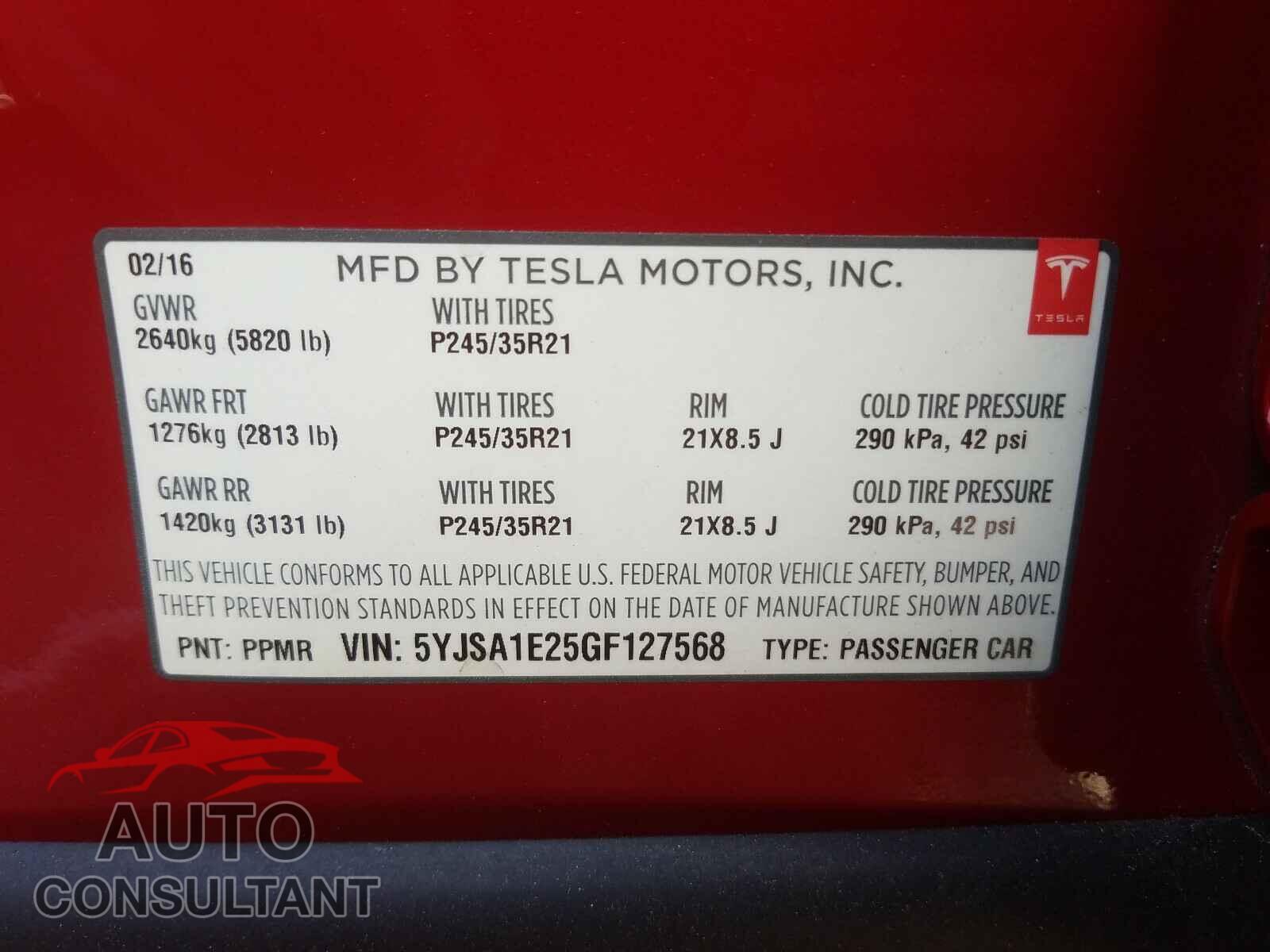 TESLA MODEL S 2016 - 5YJSA1E25GF127568