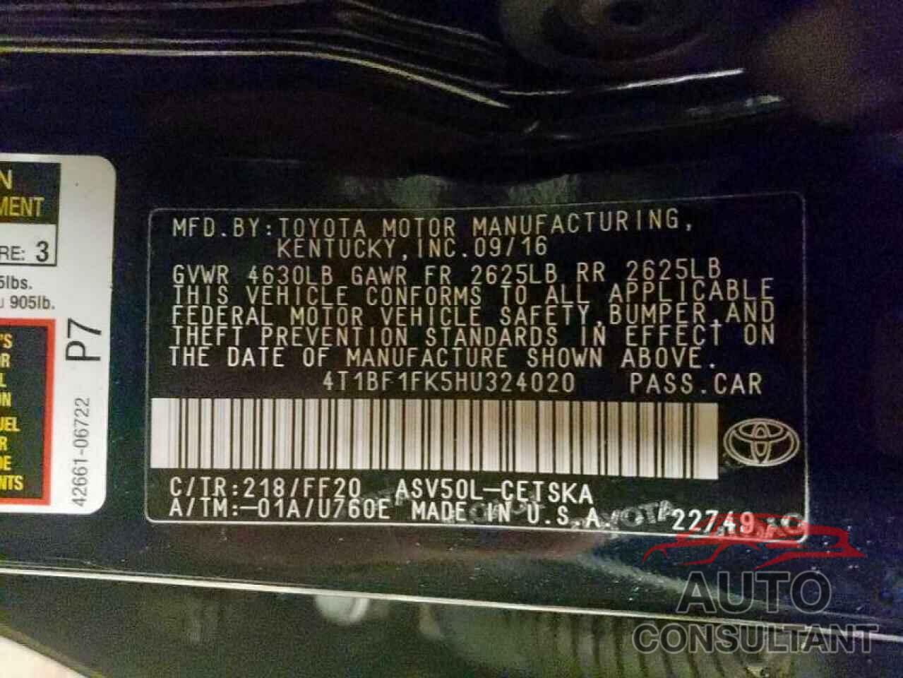 TOYOTA CAMRY 2017 - 4T1BF1FK5HU324020