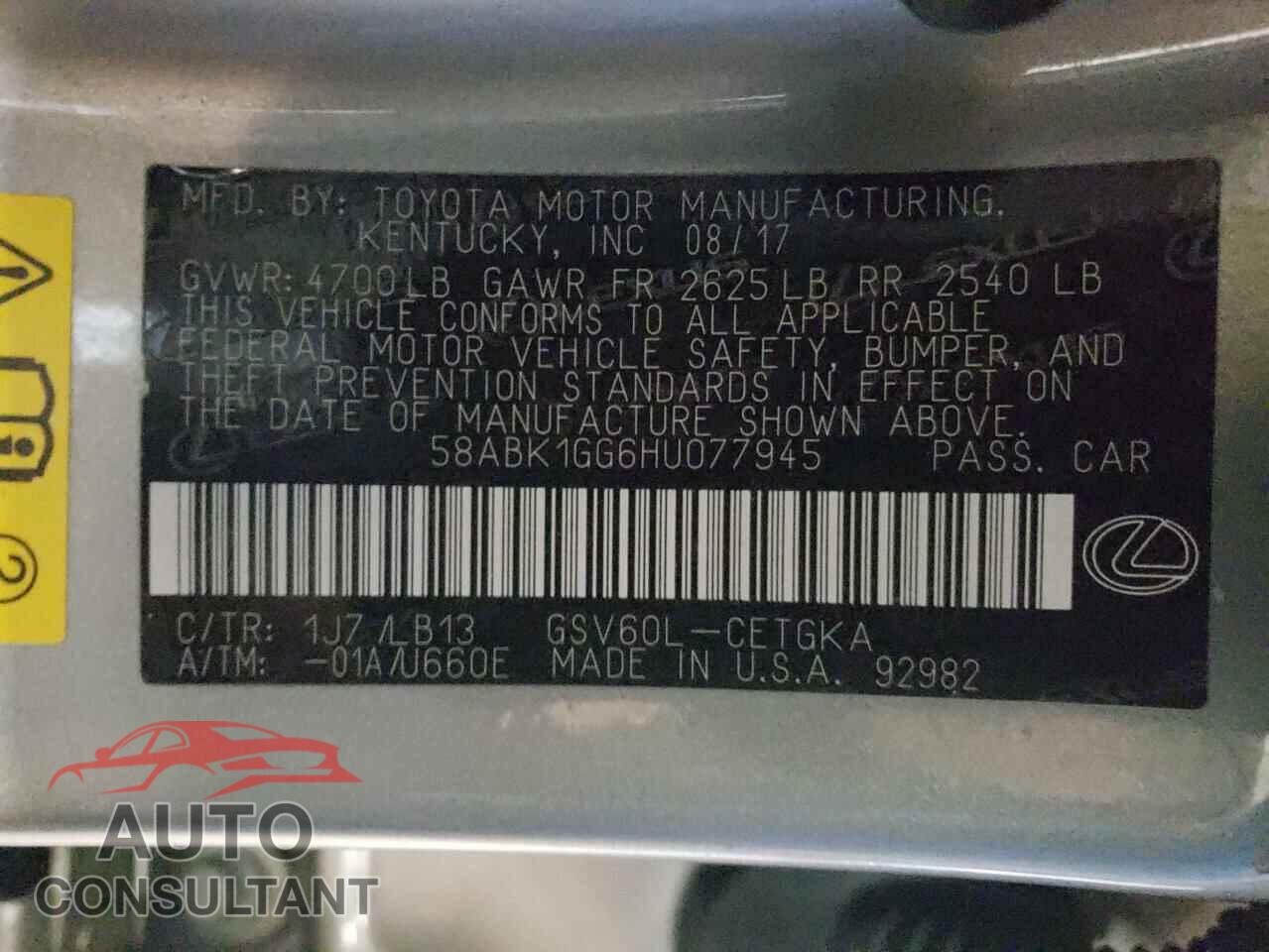 LEXUS ES350 2017 - 58ABK1GG6HU077945