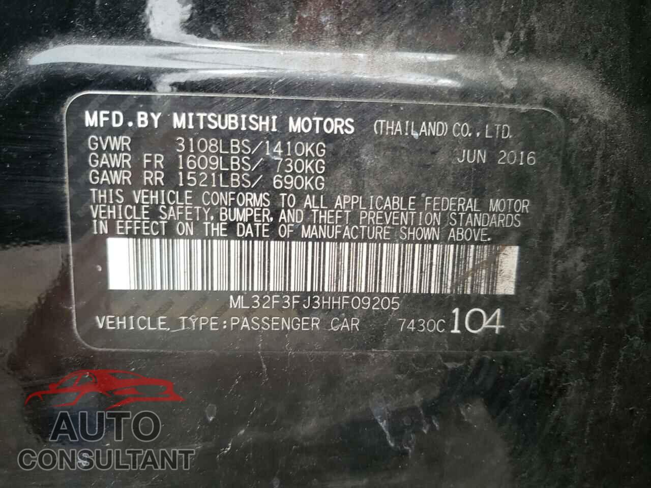 MITSUBISHI MIRAGE 2017 - ML32F3FJ3HHF09205