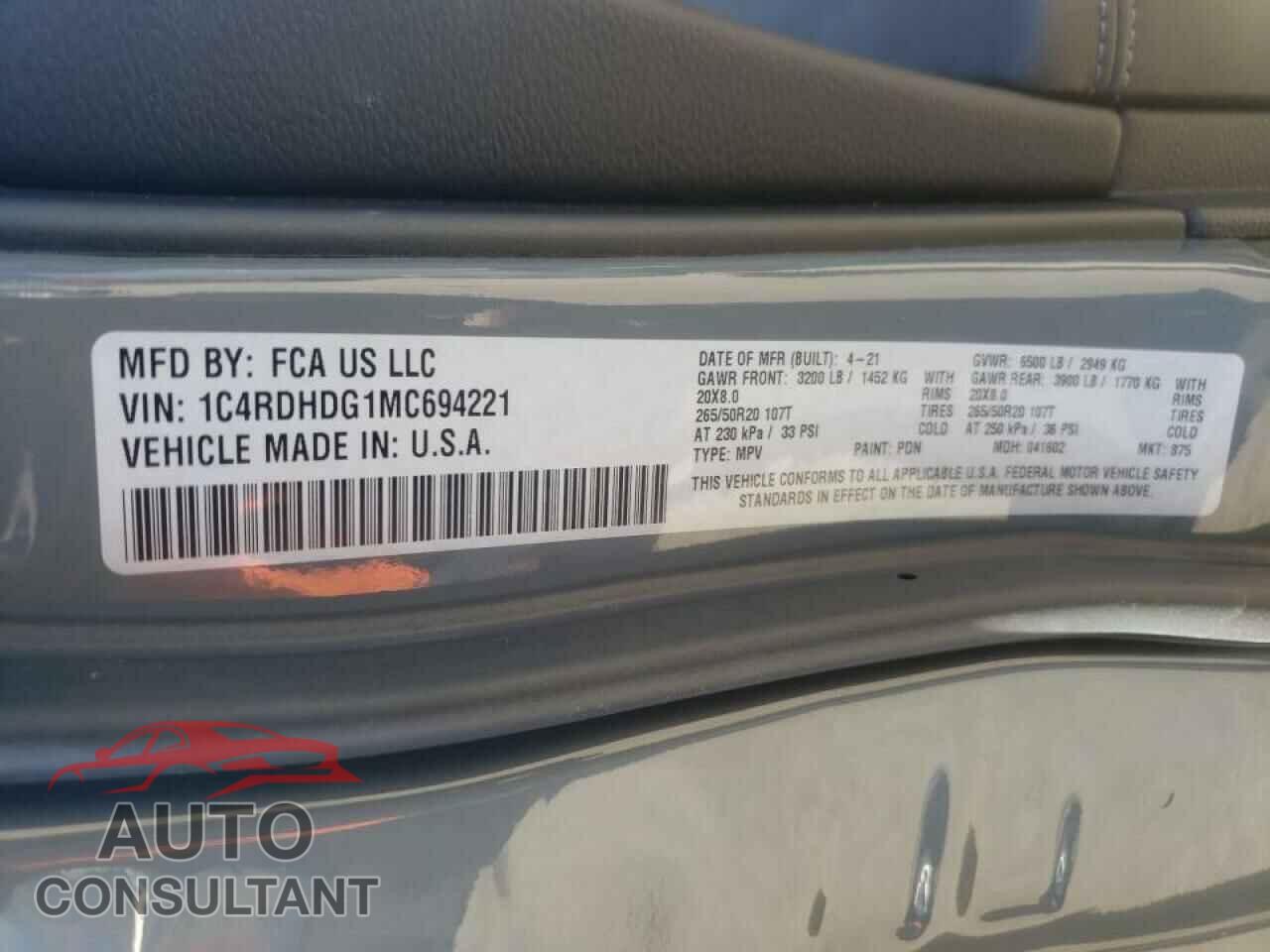 DODGE DURANGO 2021 - 1C4RDHDG1MC694221