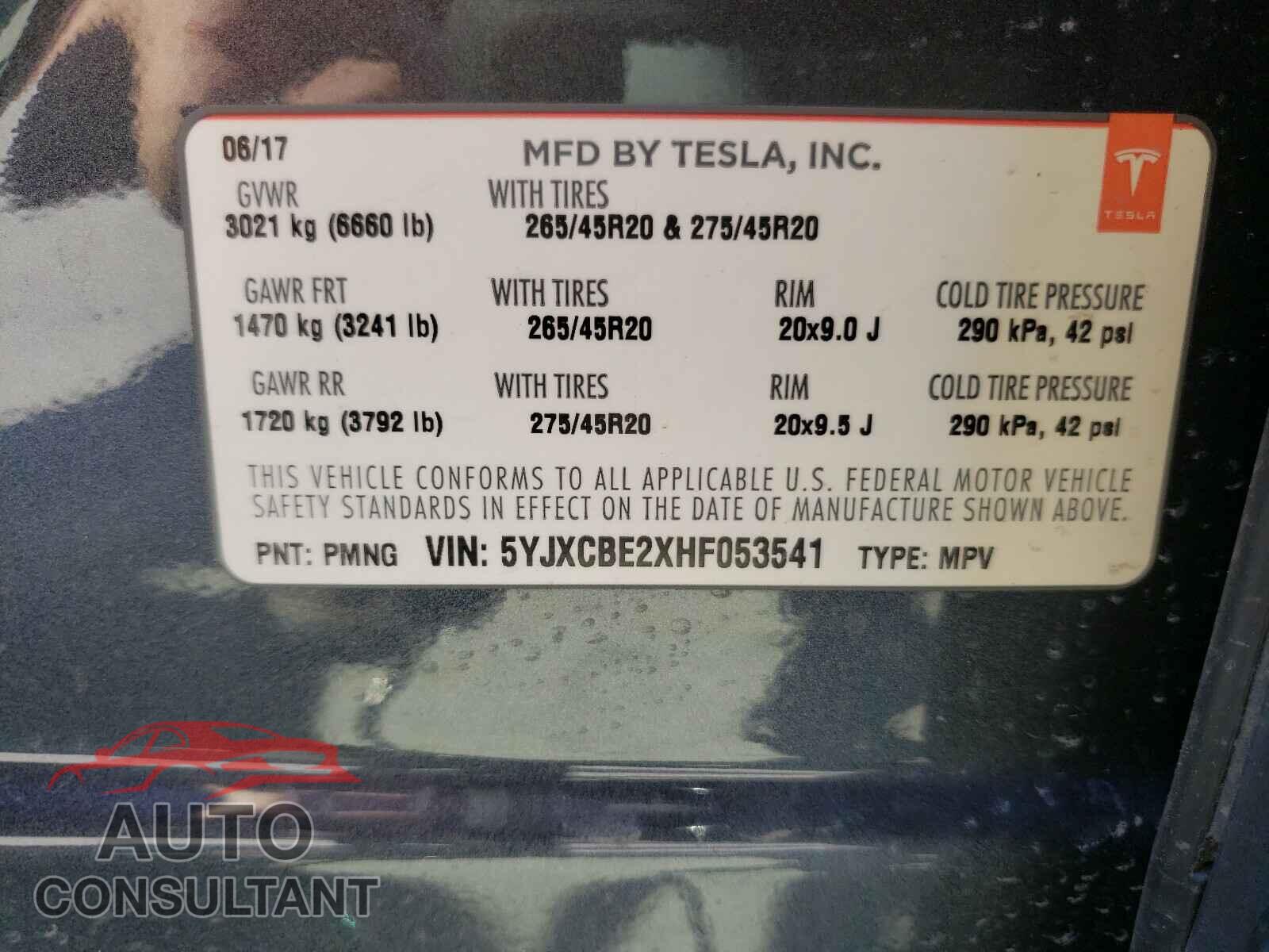 TESLA MODEL X 2017 - 5YJXCBE2XHF053541