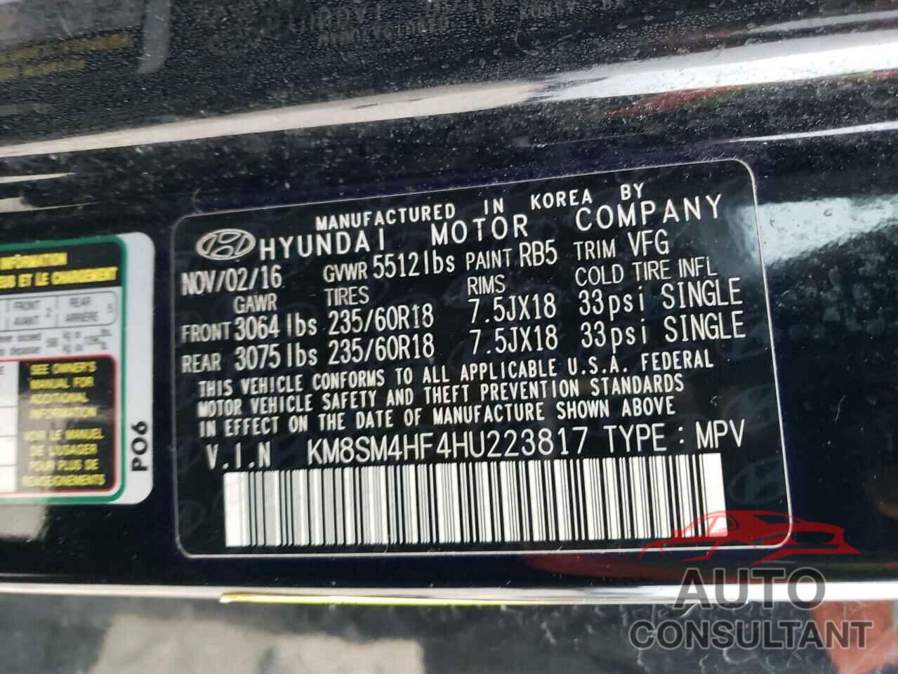 HYUNDAI SANTA FE 2017 - KM8SM4HF4HU223817