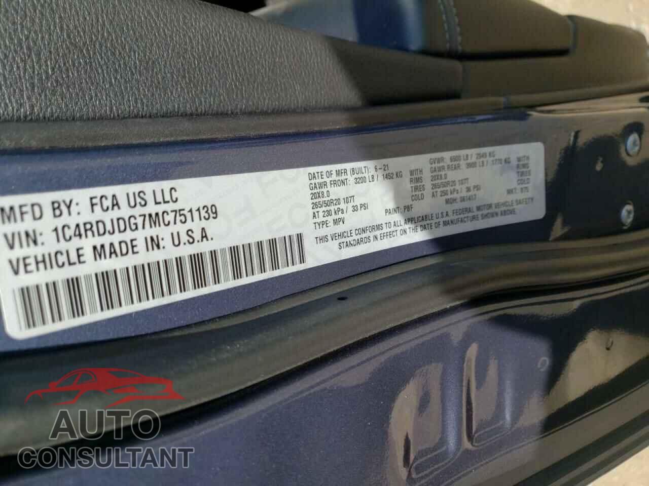 DODGE DURANGO 2021 - 1C4RDJDG7MC751139