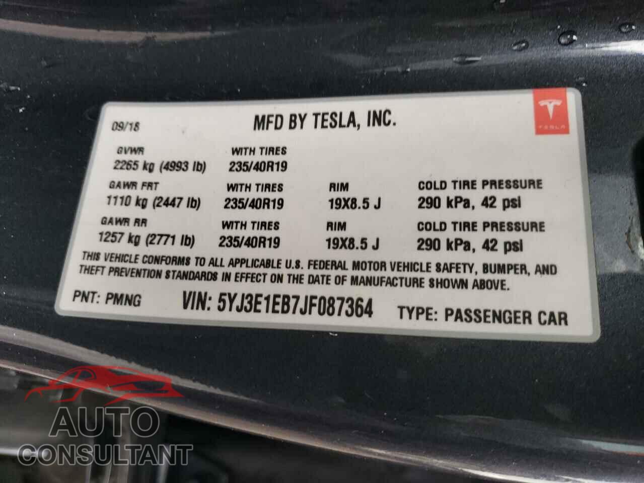 TESLA MODEL 3 2018 - 5YJ3E1EB7JF087364