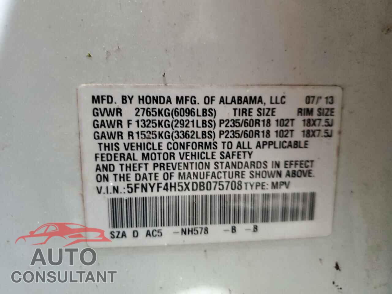 HONDA PILOT 2013 - 5FNYF4H5XDB075708
