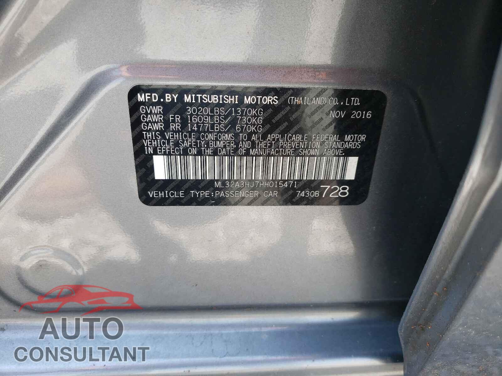 MITSUBISHI MIRAGE 2017 - ML32A3HJ7HH015471