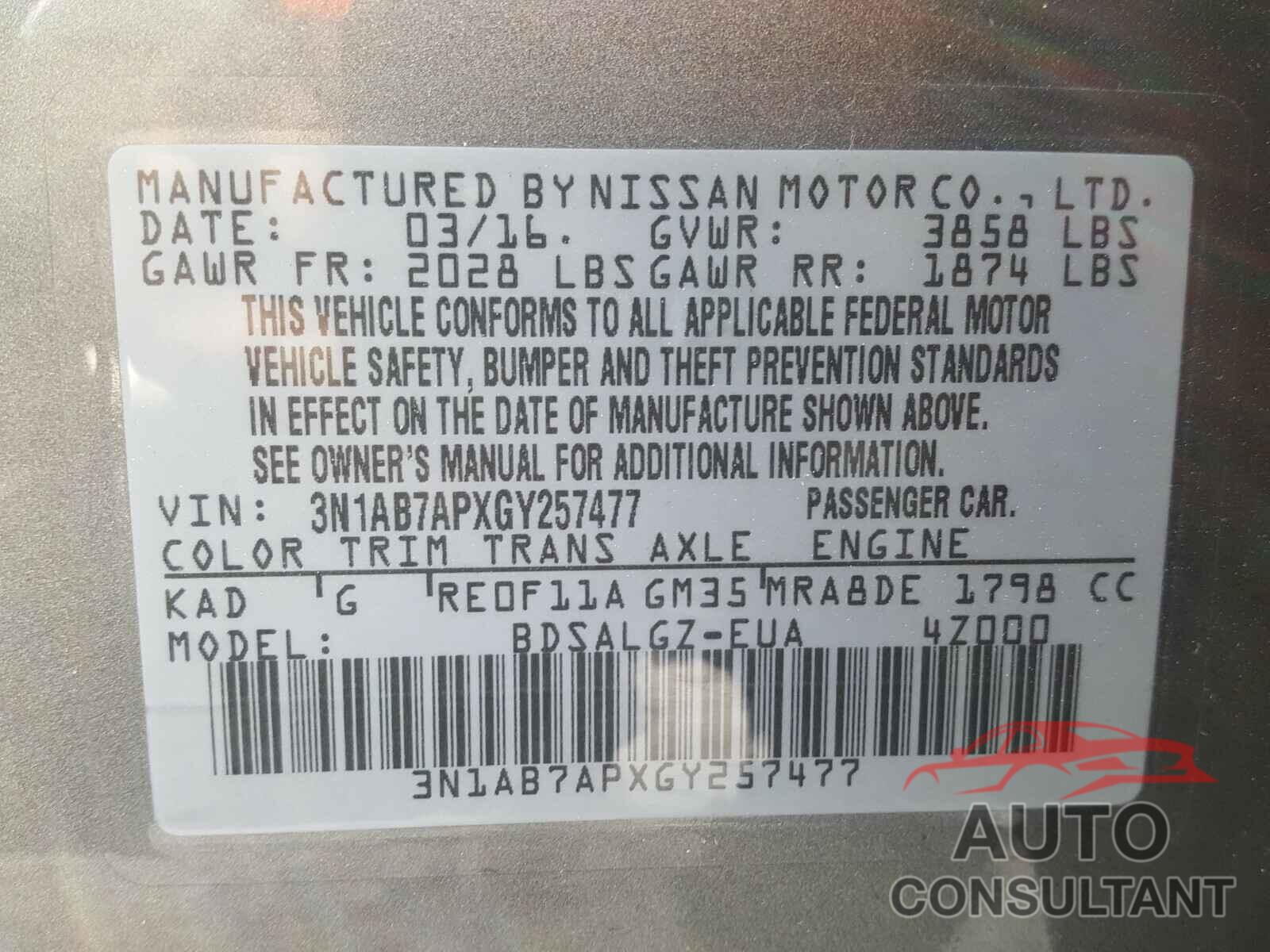 NISSAN SENTRA 2016 - 3N1AB7APXGY257477