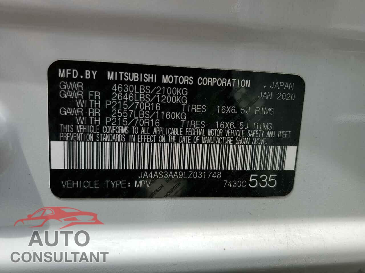 MITSUBISHI ECLIPSE 2020 - JA4AS3AA9LZ031748