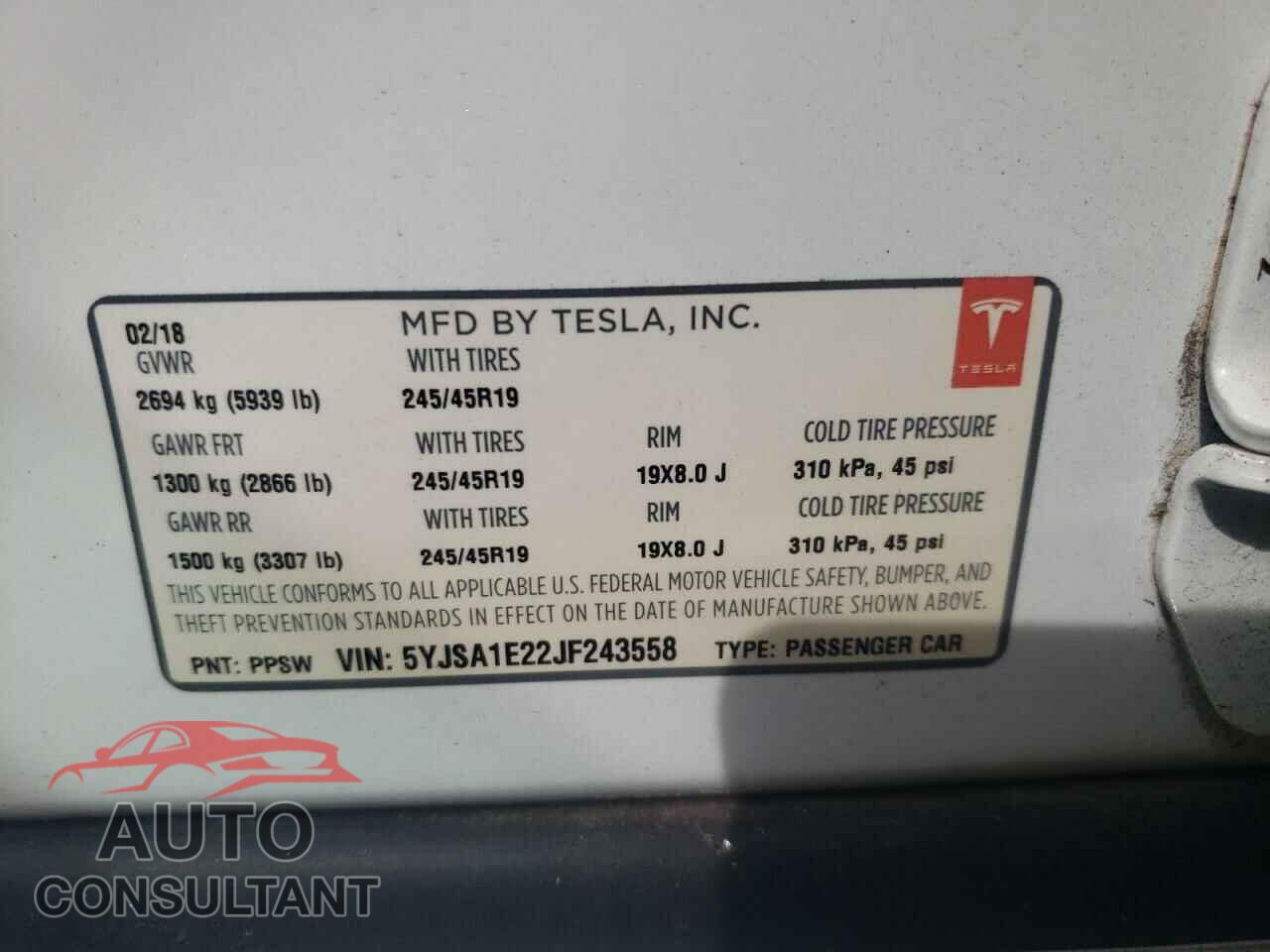 TESLA MODEL S 2018 - 5YJSA1E22JF243558