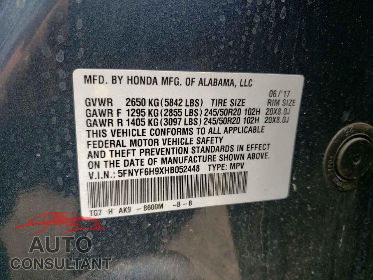 HONDA PILOT 2017 - 5FNYF6H9XHB052448
