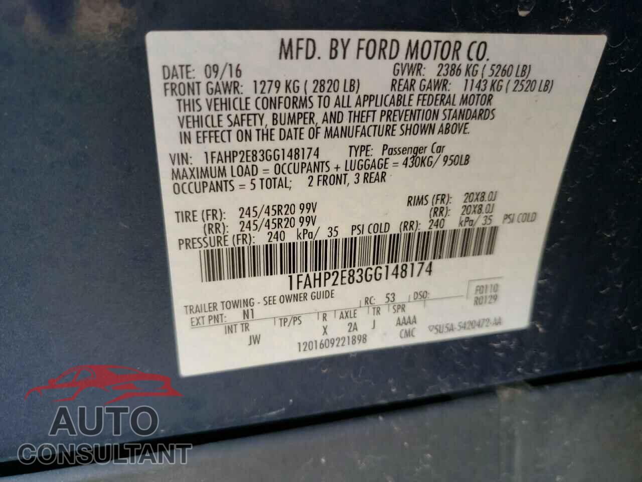 FORD TAURUS 2016 - 1FAHP2E83GG148174