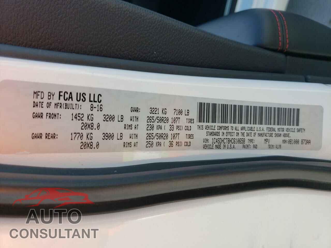 DODGE DURANGO 2017 - 1C4SDHCT8HC610658