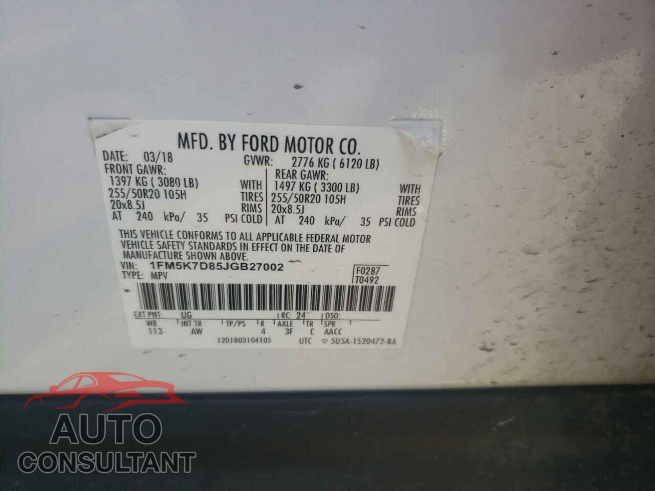 FORD EXPLORER 2018 - 1FM5K7D85JGB27002