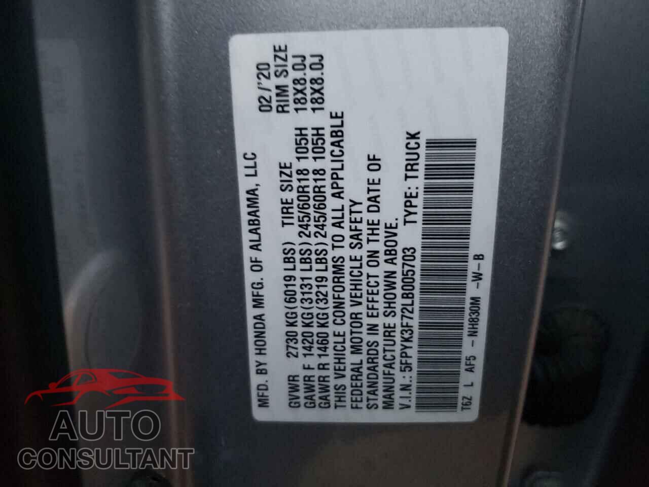 HONDA RIDGELINE 2020 - 5FPYK3F72LB005703