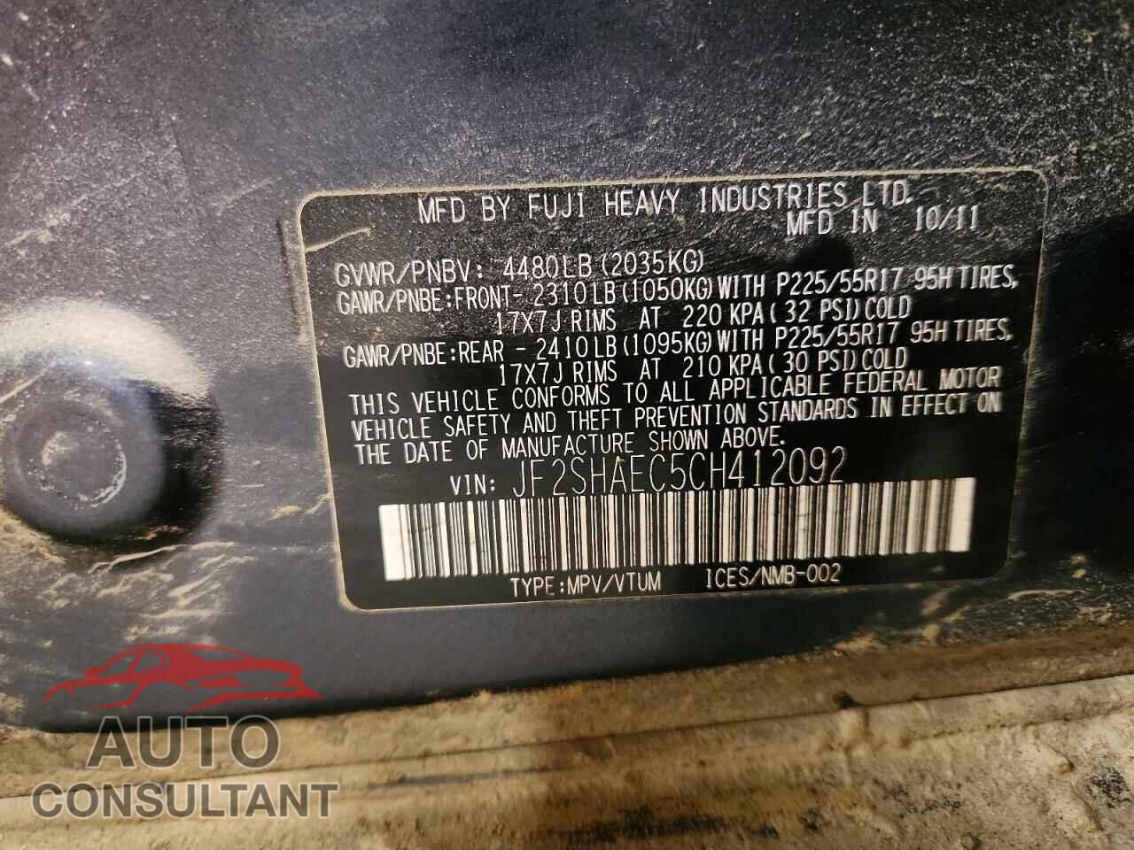 SUBARU FORESTER 2012 - JF2SHAEC5CH412092