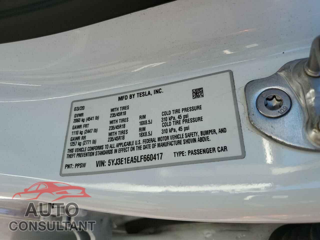TESLA MODEL 3 2020 - 5YJ3E1EA5LF660417