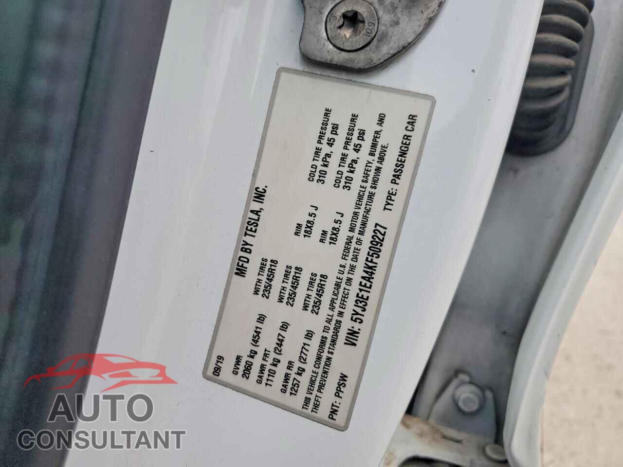 TESLA MODEL 3 2019 - 5YJ3E1EA4KF509227