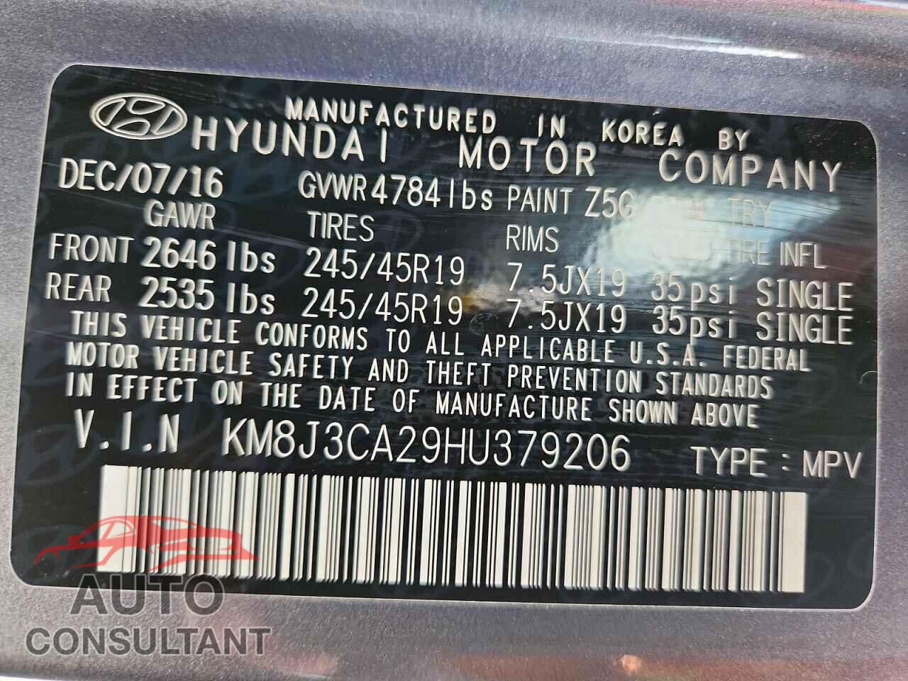HYUNDAI TUCSON 2017 - KM8J3CA29HU379206