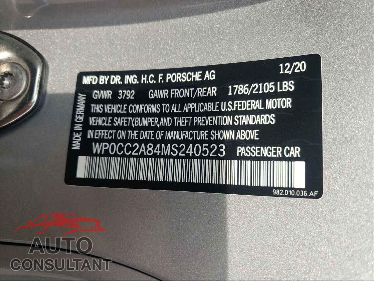 PORSCHE BOXSTER 2021 - WP0CC2A84MS240523