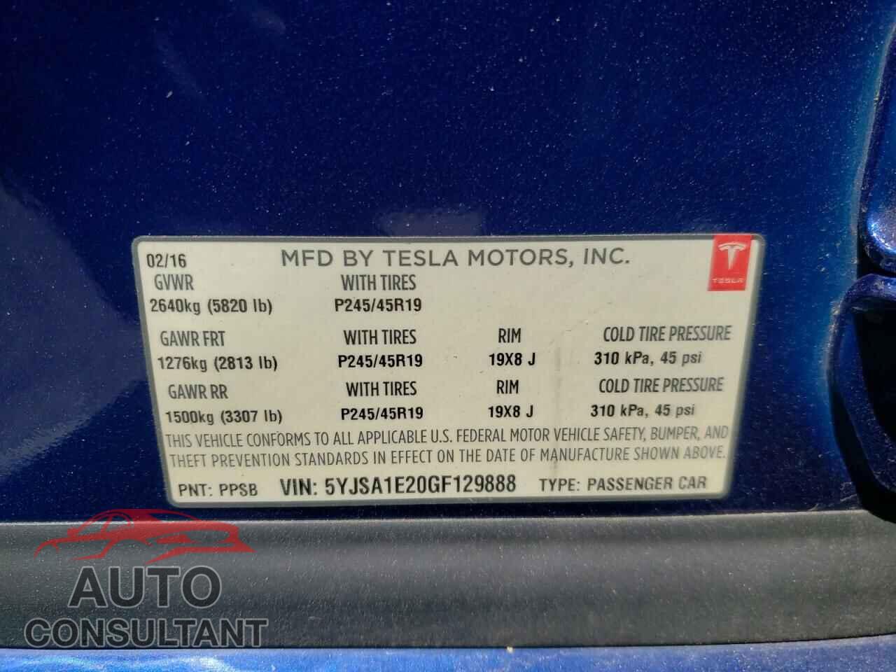 TESLA MODEL S 2016 - 5YJSA1E20GF129888