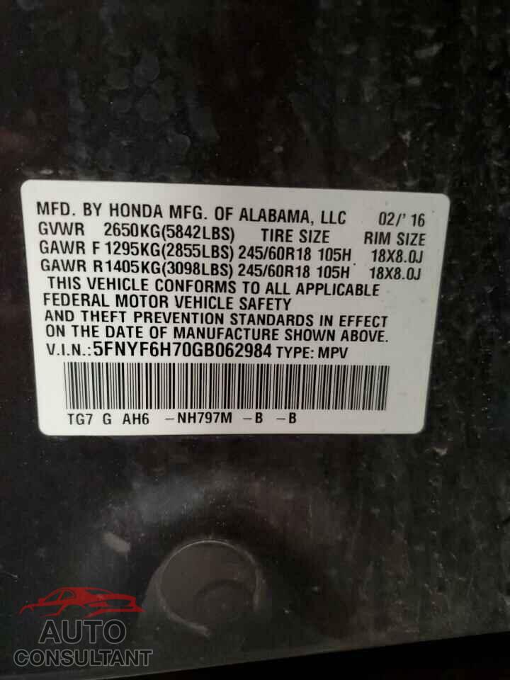 HONDA PILOT 2016 - 5FNYF6H70GB062984