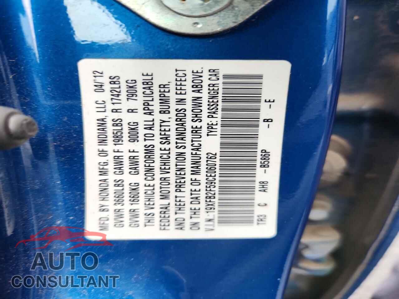 HONDA CIVIC 2012 - 19XFB2F59CE060762