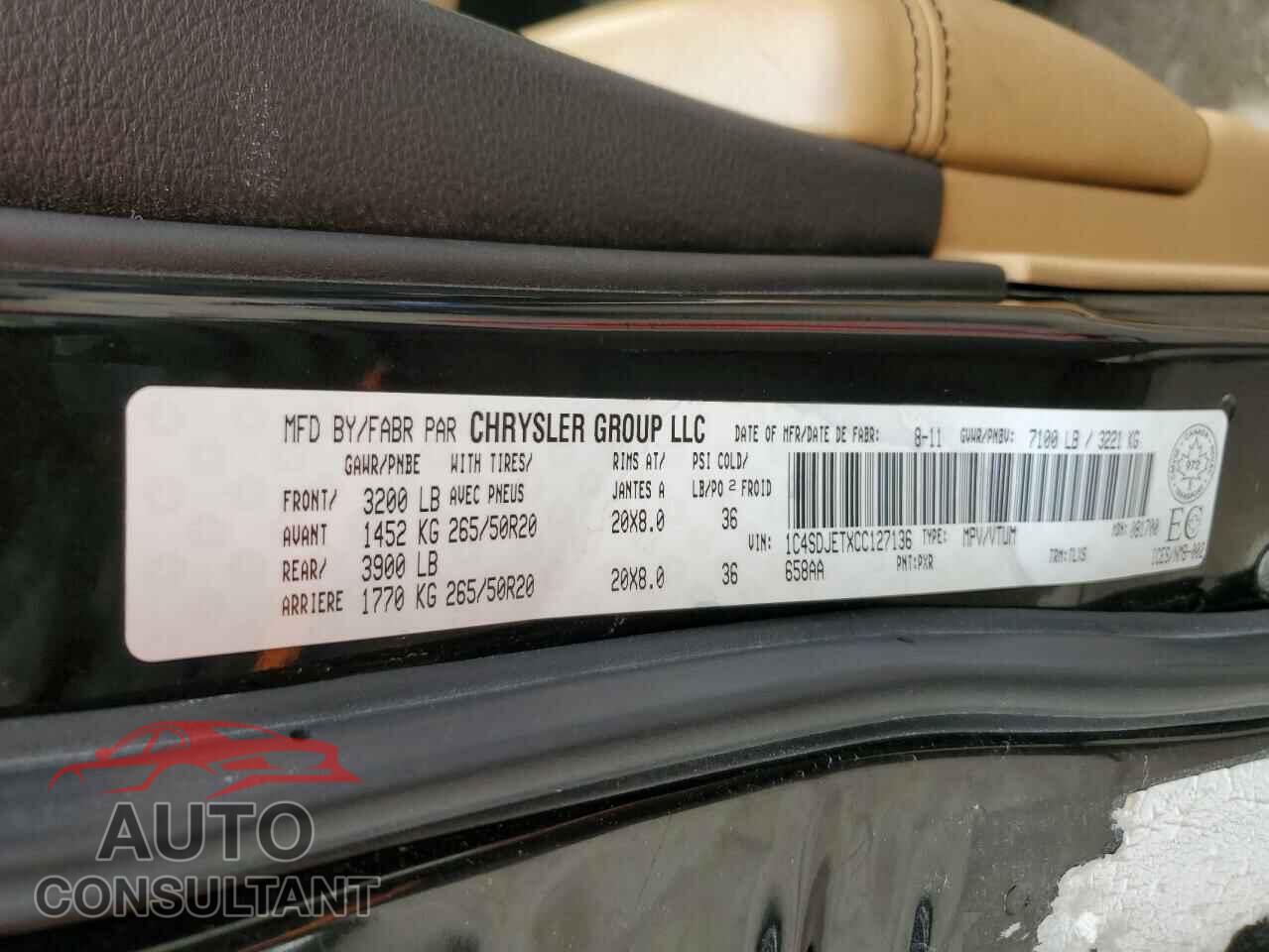 DODGE DURANGO 2012 - 1C4SDJETXCC127136