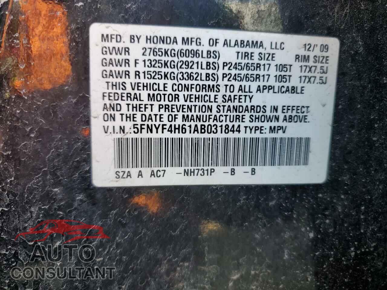 HONDA PILOT 2010 - 5FNYF4H61AB031844