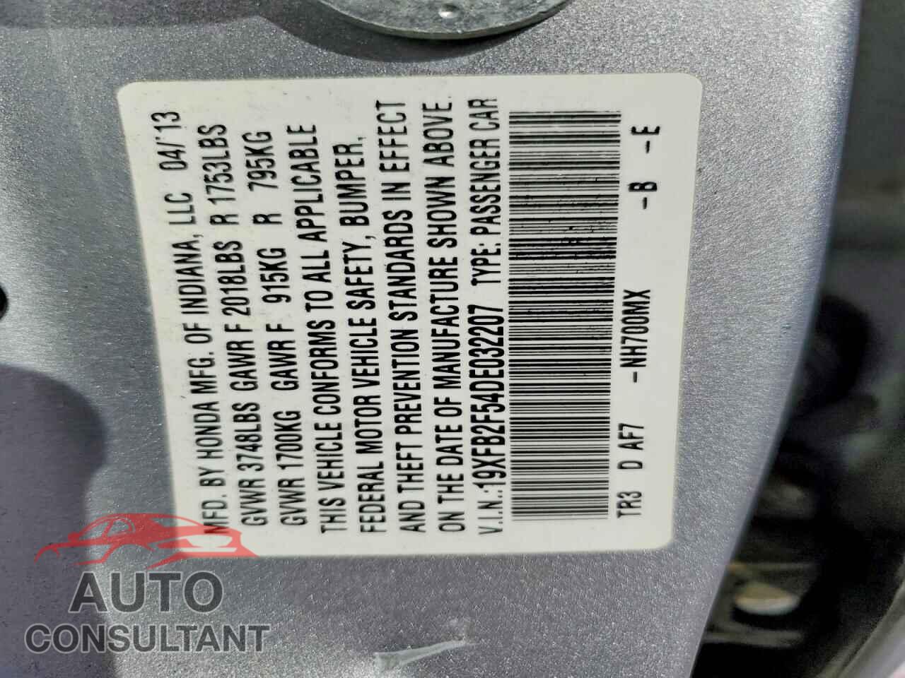 HONDA CIVIC 2013 - 19XFB2F54DE032207