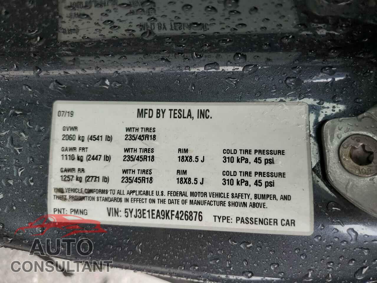 TESLA MODEL 3 2019 - 5YJ3E1EA9KF426876