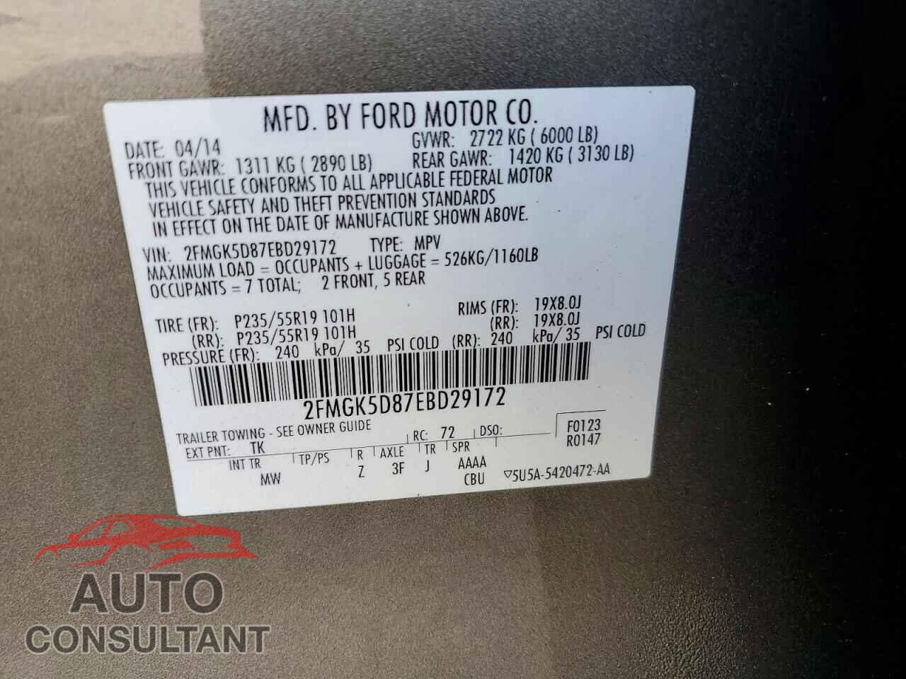 FORD FLEX 2014 - 2FMGK5D87EBD29172