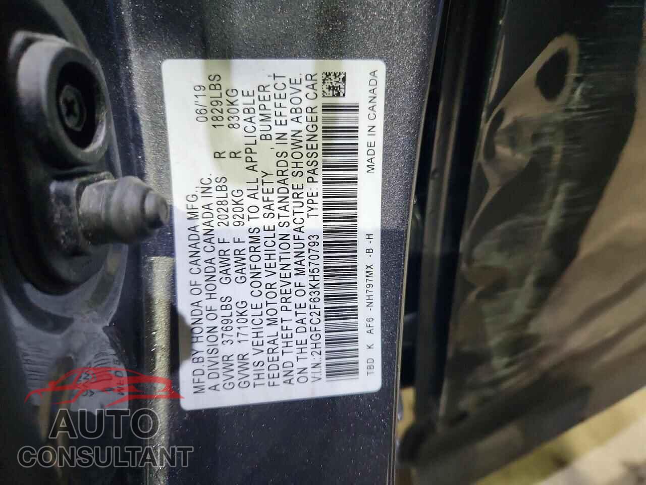 HONDA CIVIC 2019 - 2HGFC2F63KH570793