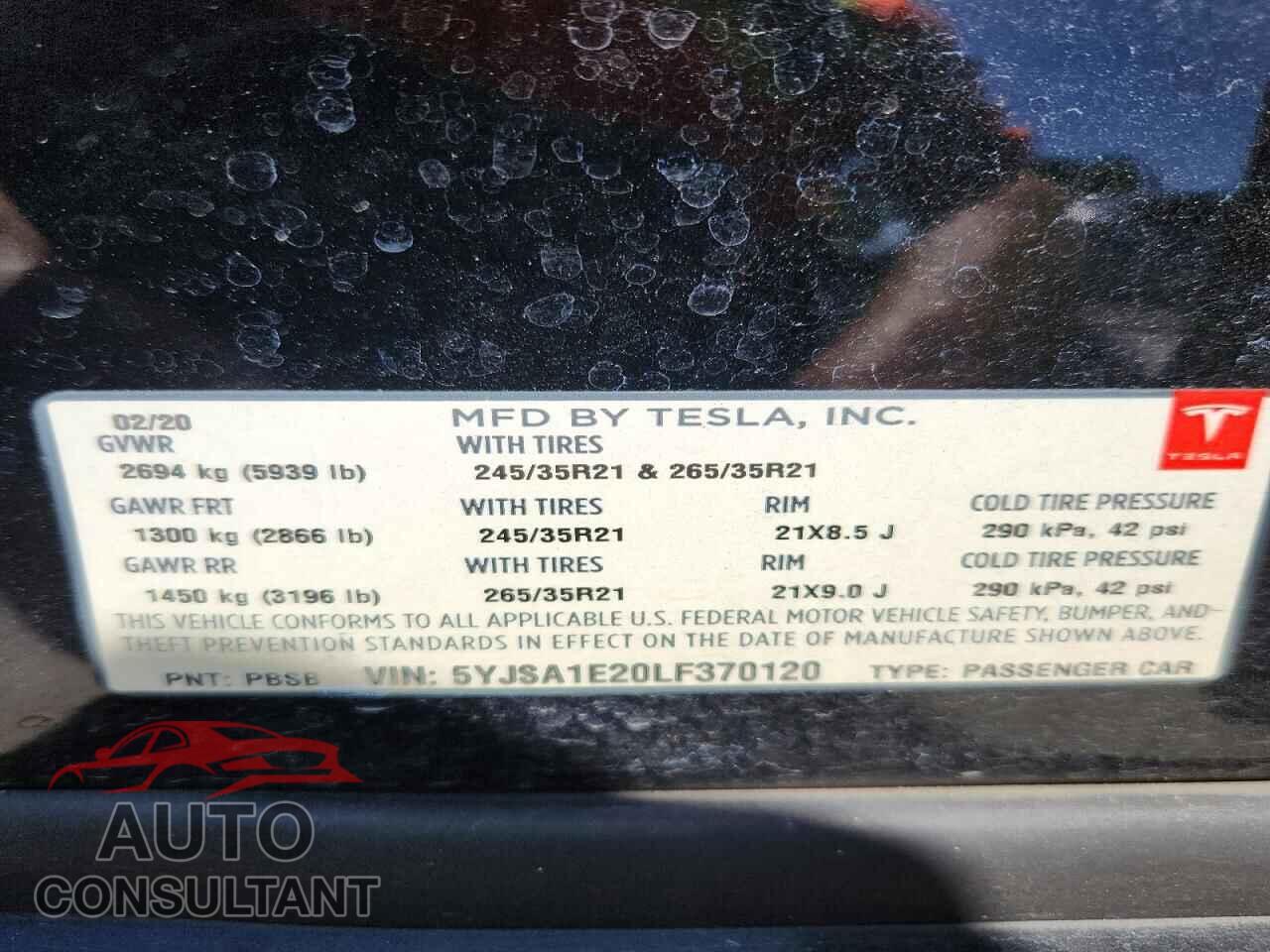 TESLA MODEL S 2020 - 5YJSA1E20LF370120