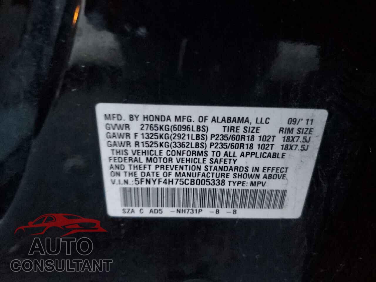 HONDA PILOT 2012 - 5FNYF4H75CB005338