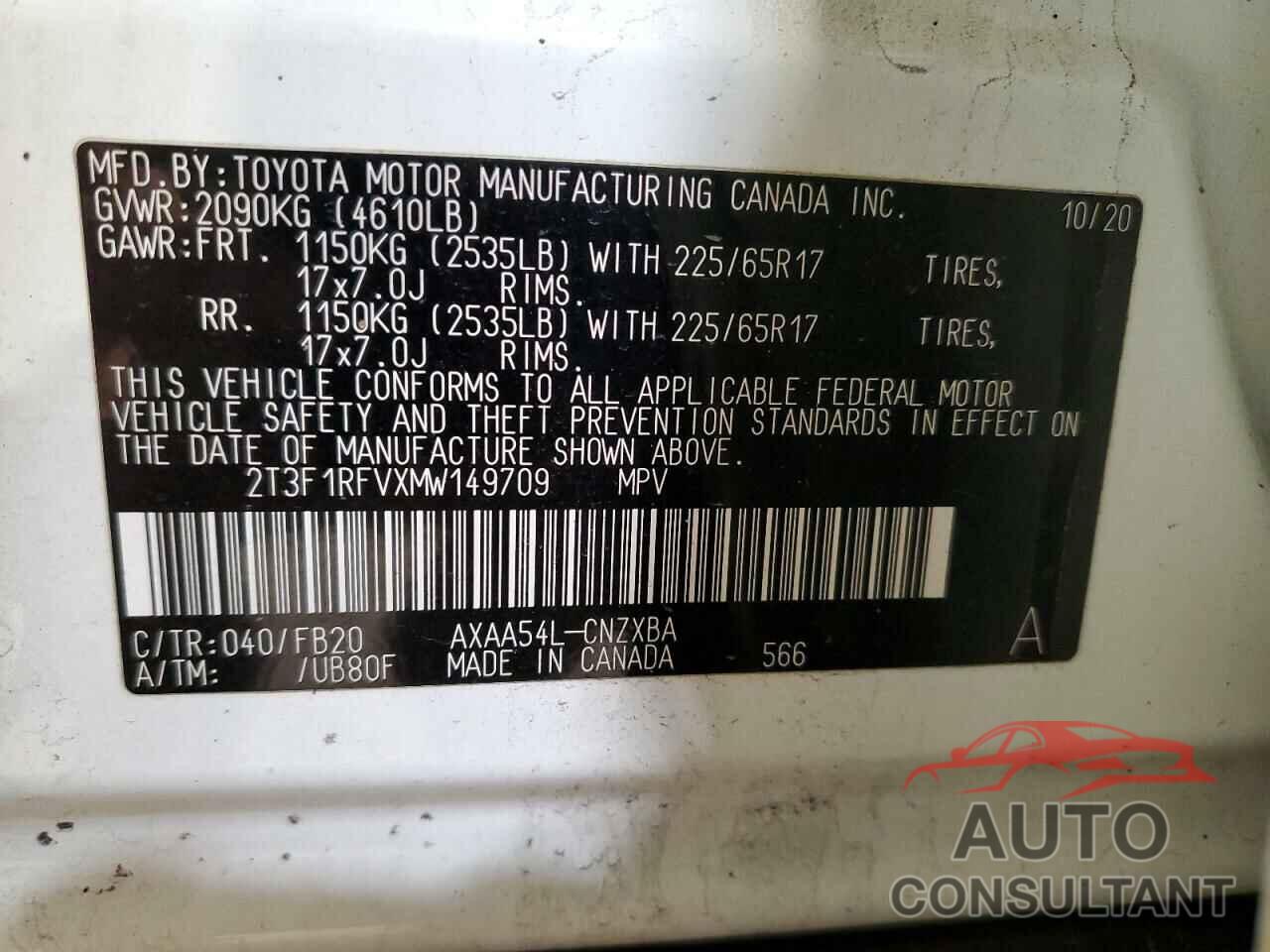 TOYOTA RAV4 2021 - 2T3F1RFVXMW149709
