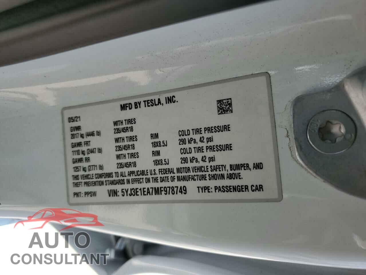 TESLA MODEL 3 2021 - 5YJ3E1EA7MF978749