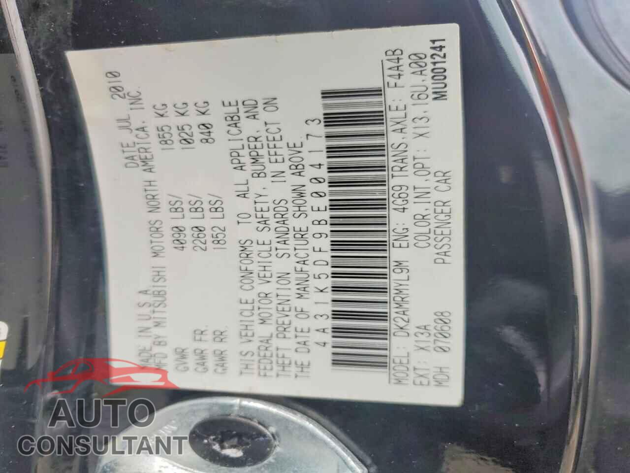 MITSUBISHI ECLIPSE 2011 - 4A31K5DF9BE004173