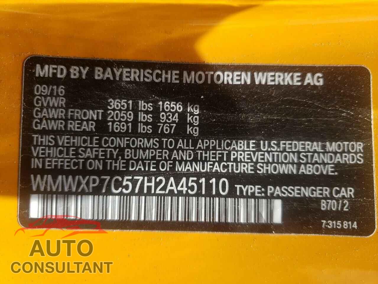 MINI COOPER 2017 - WMWXP7C57H2A45110