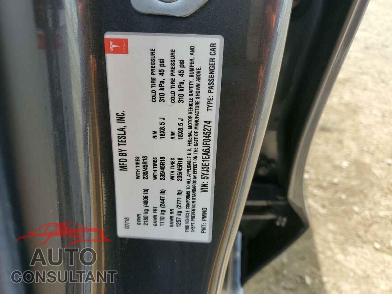 TESLA MODEL 3 2018 - 5YJ3E1EA6JF045274