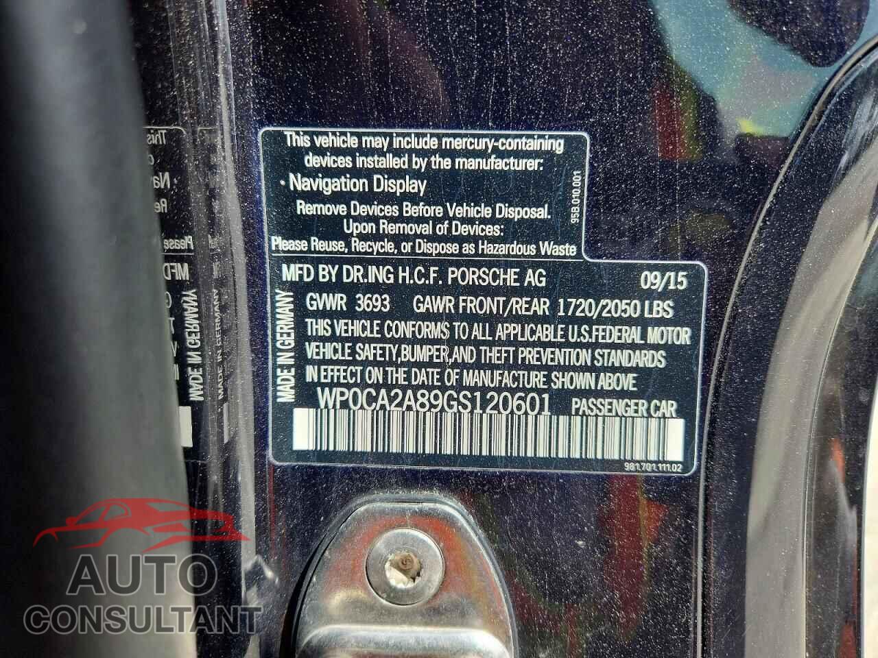 PORSCHE BOXSTER 2016 - WP0CA2A89GS120601
