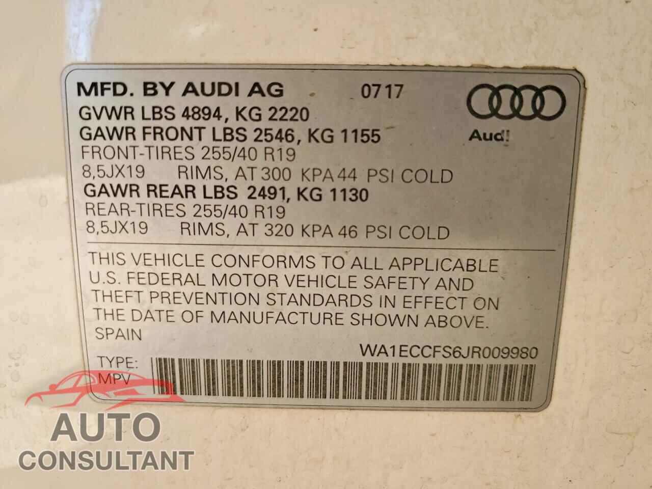 AUDI Q3 2018 - WA1ECCFS6JR009980
