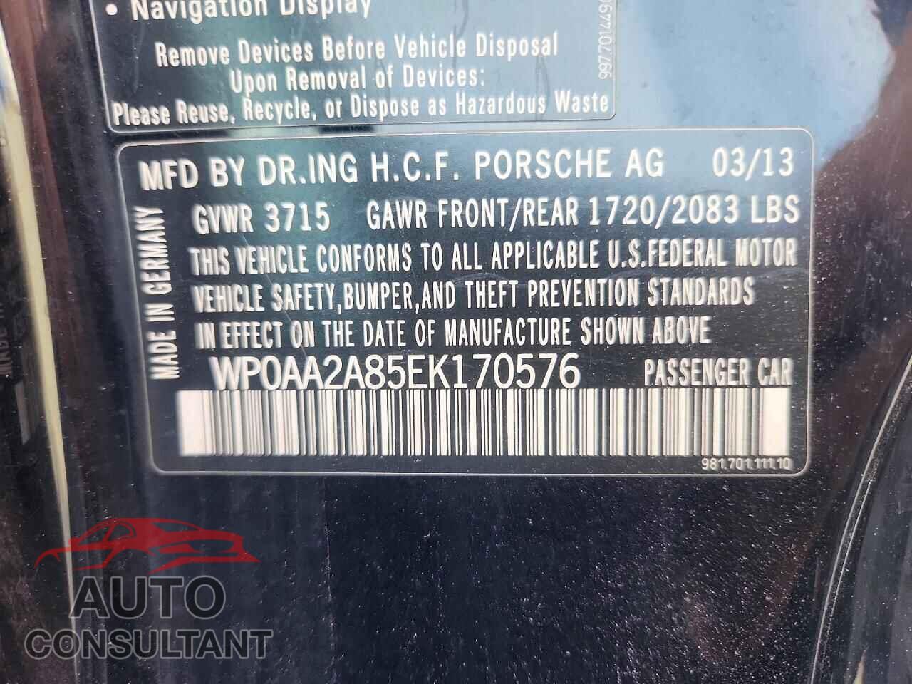 PORSCHE CAYMAN 2014 - WP0AA2A85EK170576