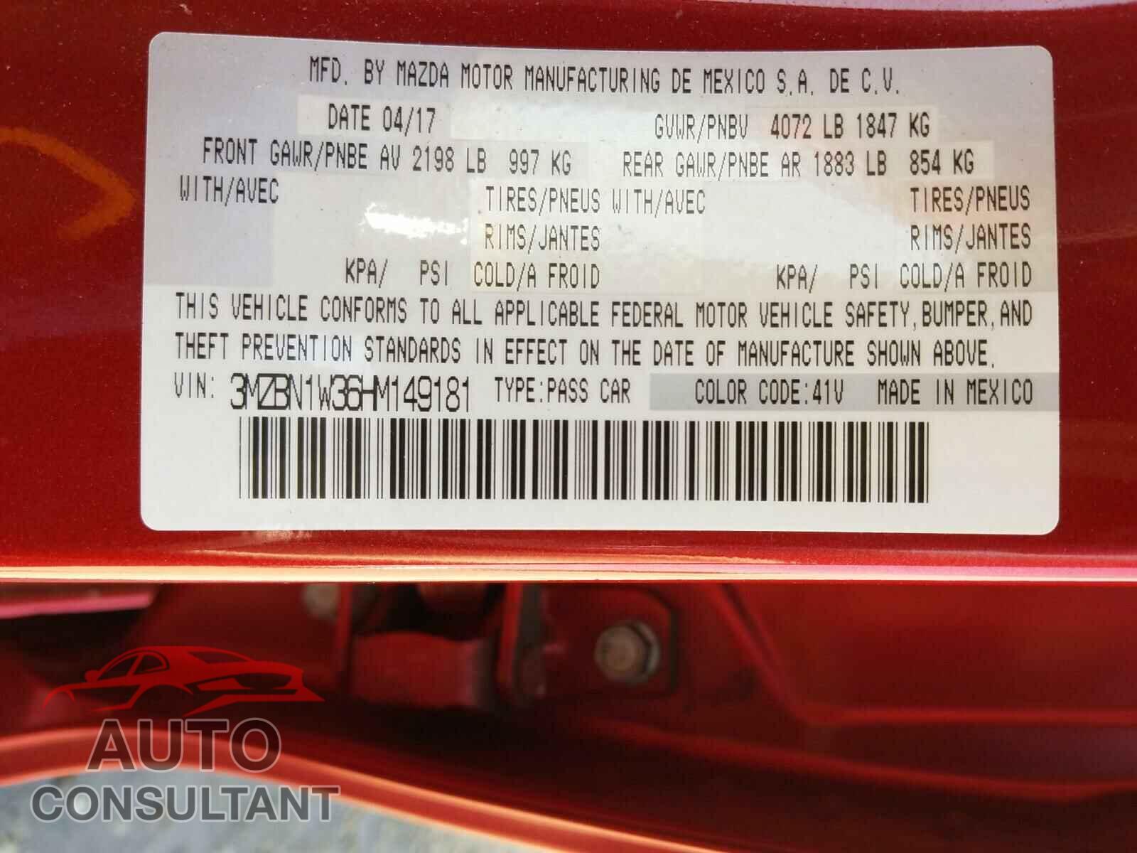 MAZDA 3 2017 - 3MZBN1W36HM149181