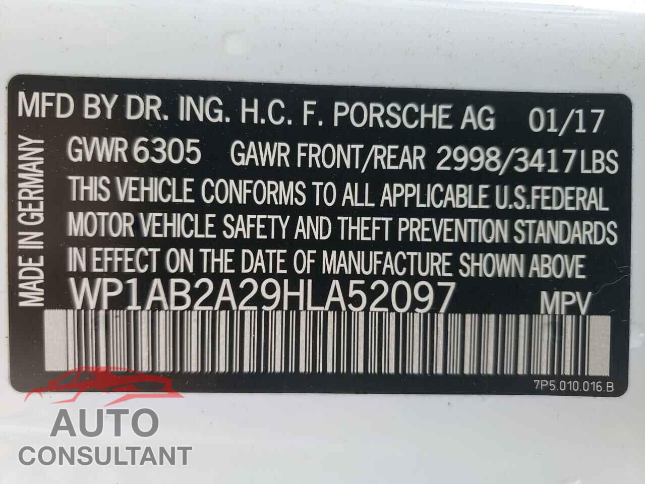 PORSCHE CAYENNE 2017 - WP1AB2A29HLA52097