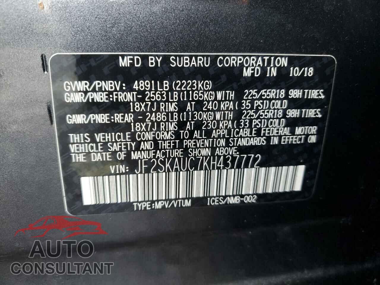 SUBARU FORESTER 2019 - JF2SKAUC7KH437772