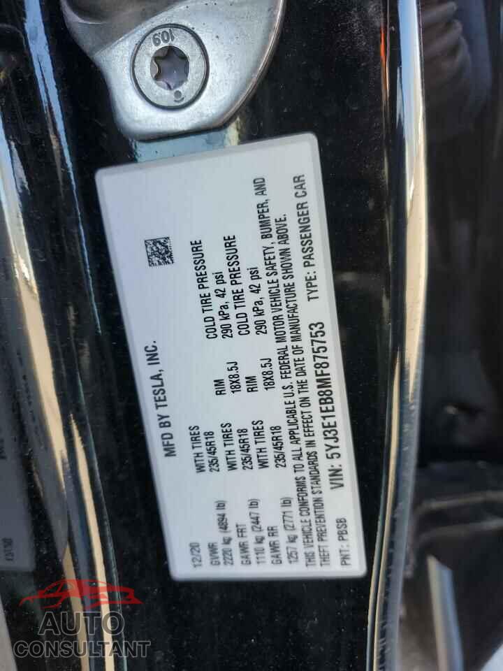 TESLA MODEL 3 2021 - 5YJ3E1EB8MF875753