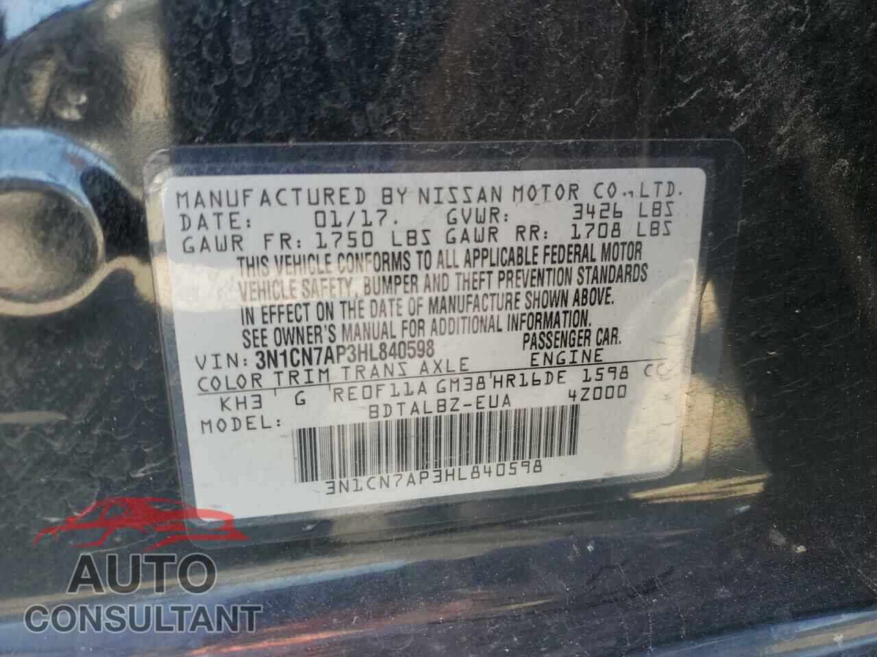 NISSAN VERSA 2017 - 3N1CN7AP3HL840598
