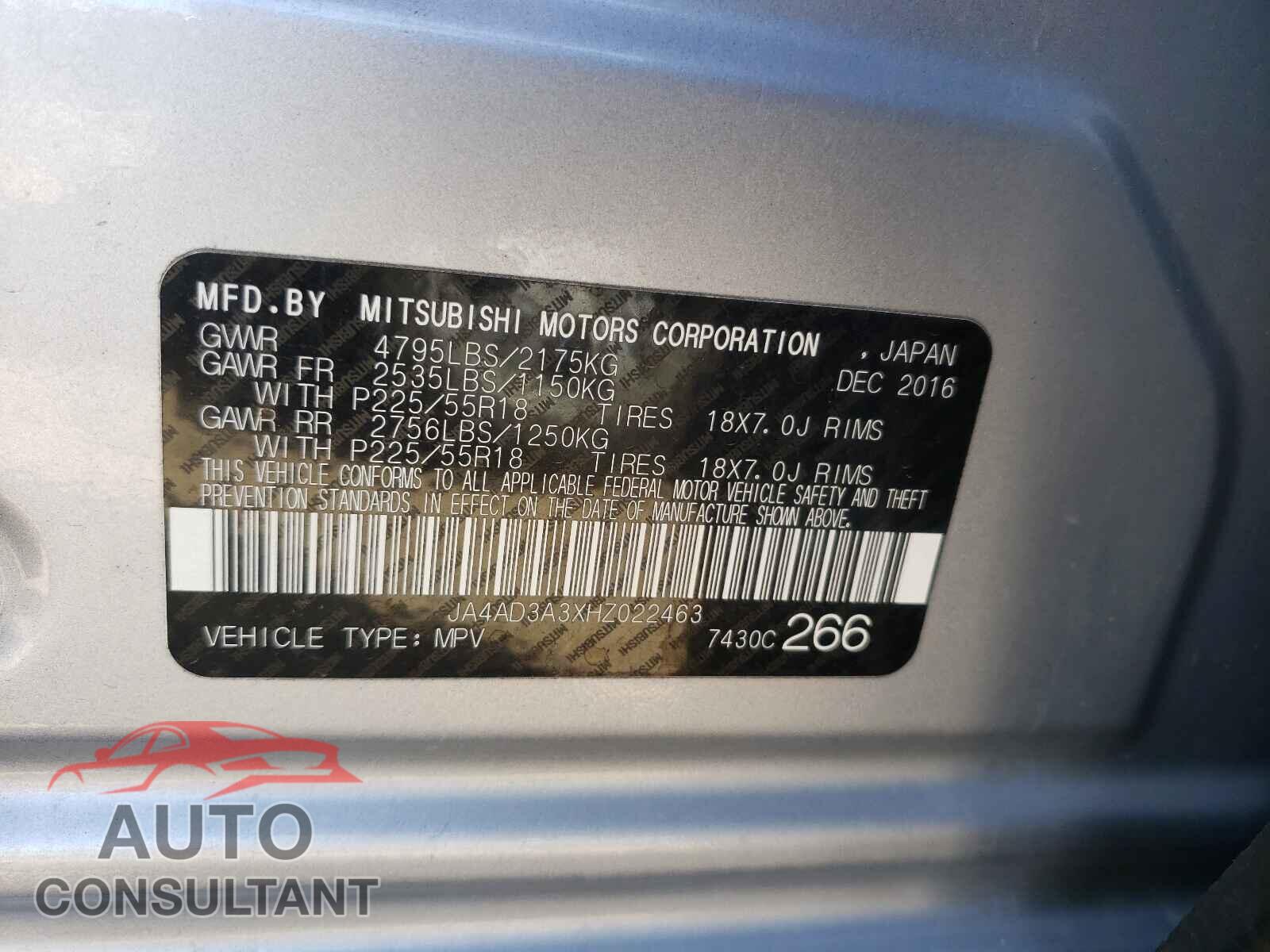 MITSUBISHI OUTLANDER 2017 - JA4AD3A3XHZ022463