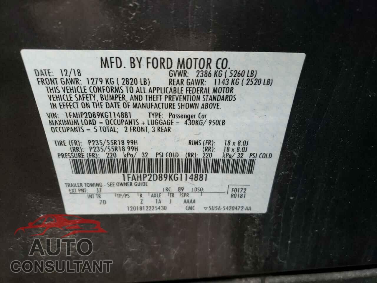 FORD TAURUS 2019 - 1FAHP2D89KG114881